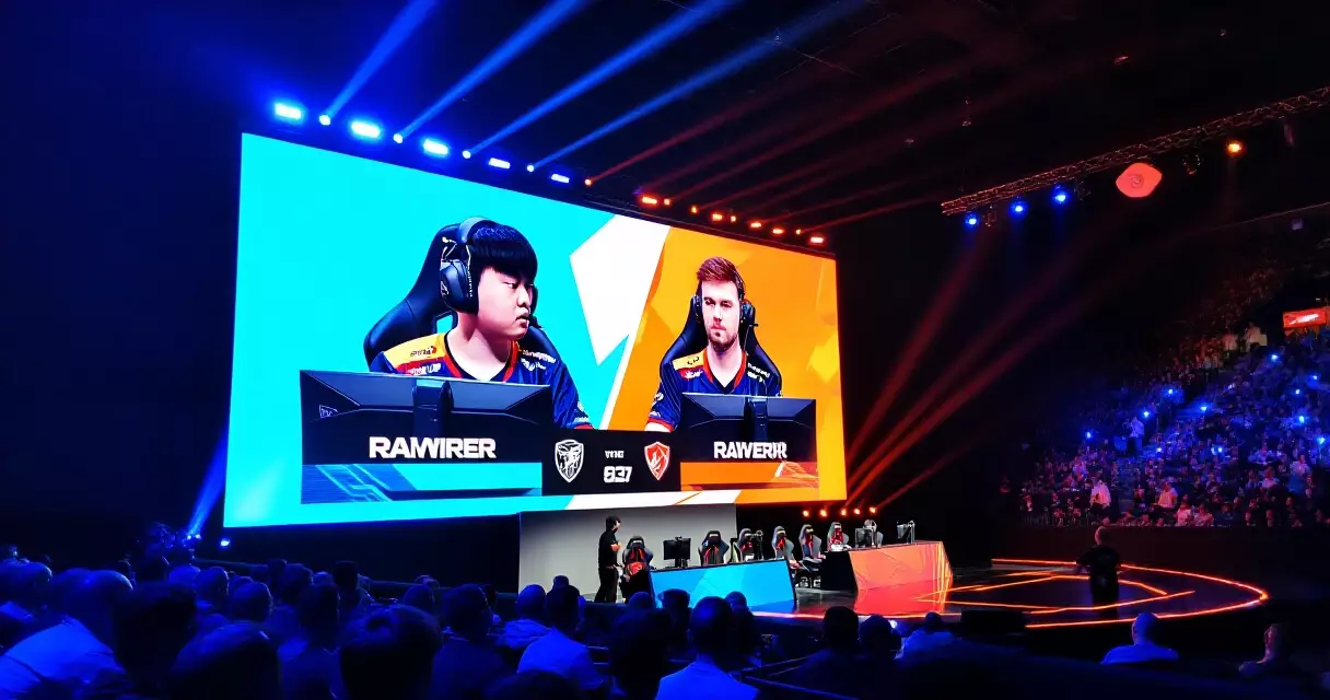 Packed esports arena watching a live tournament broadcast on a large LED screen
