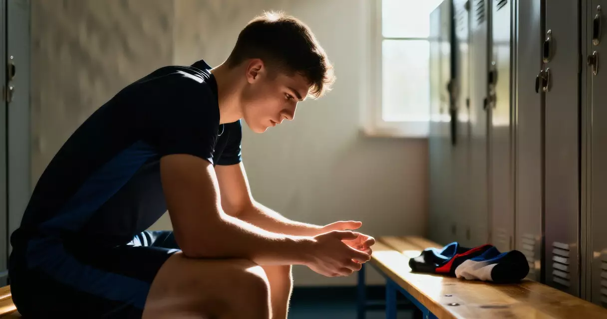 Young athlete reflecting on their athletic identity in a locker room setting