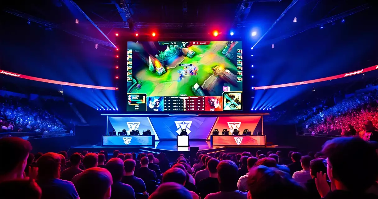 Crowd watching League of Legends World Championship on main stage screen