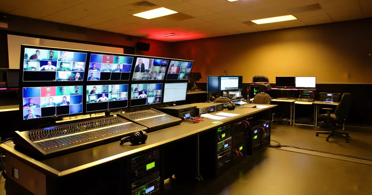 Professional esports tournament broadcast control room with hardware production equipment and monitor arrays