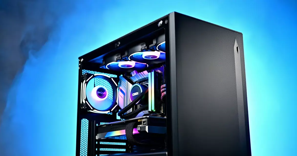 Gaming PC interior with processor and cooling powering a tournament rig