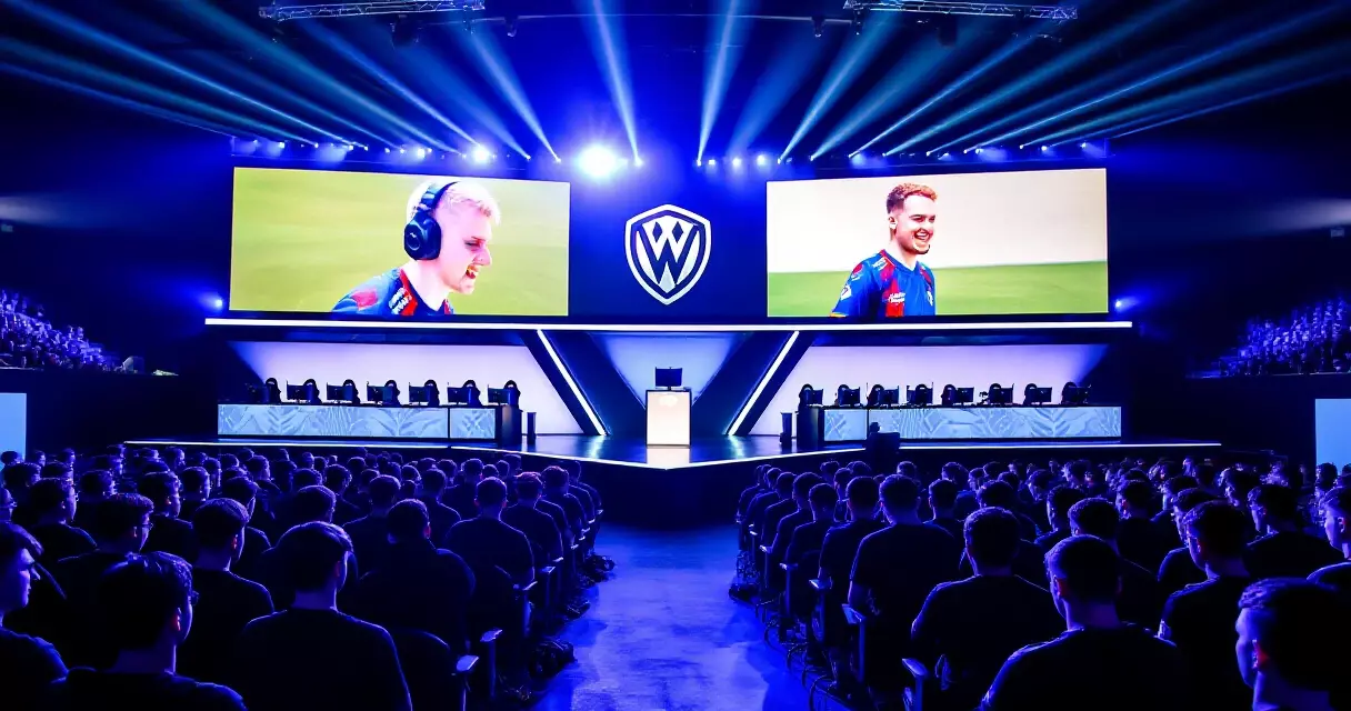 Professional esports teams competing on a main stage in a packed arena