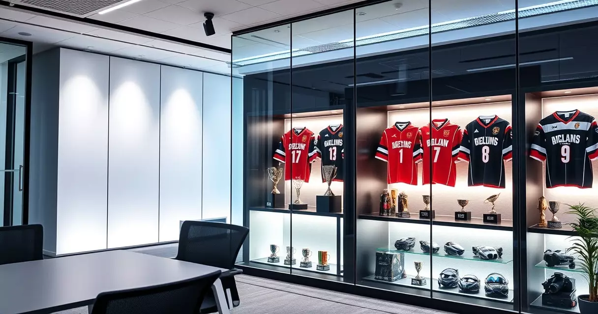 Esports organization headquarters with trophies and jerseys on display