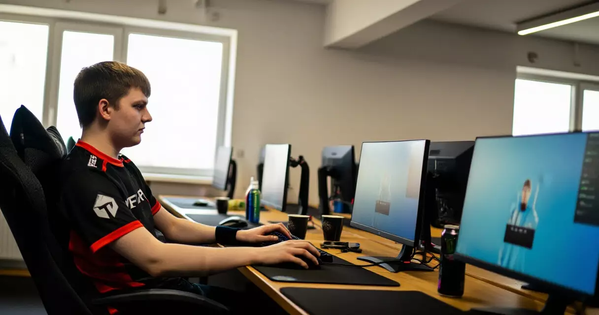Young esports player in team jersey practicing at professional gaming station
