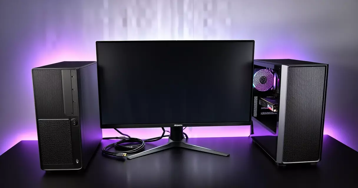 Dual-PC esports streaming setup with HDMI cables and capture card on a black desk