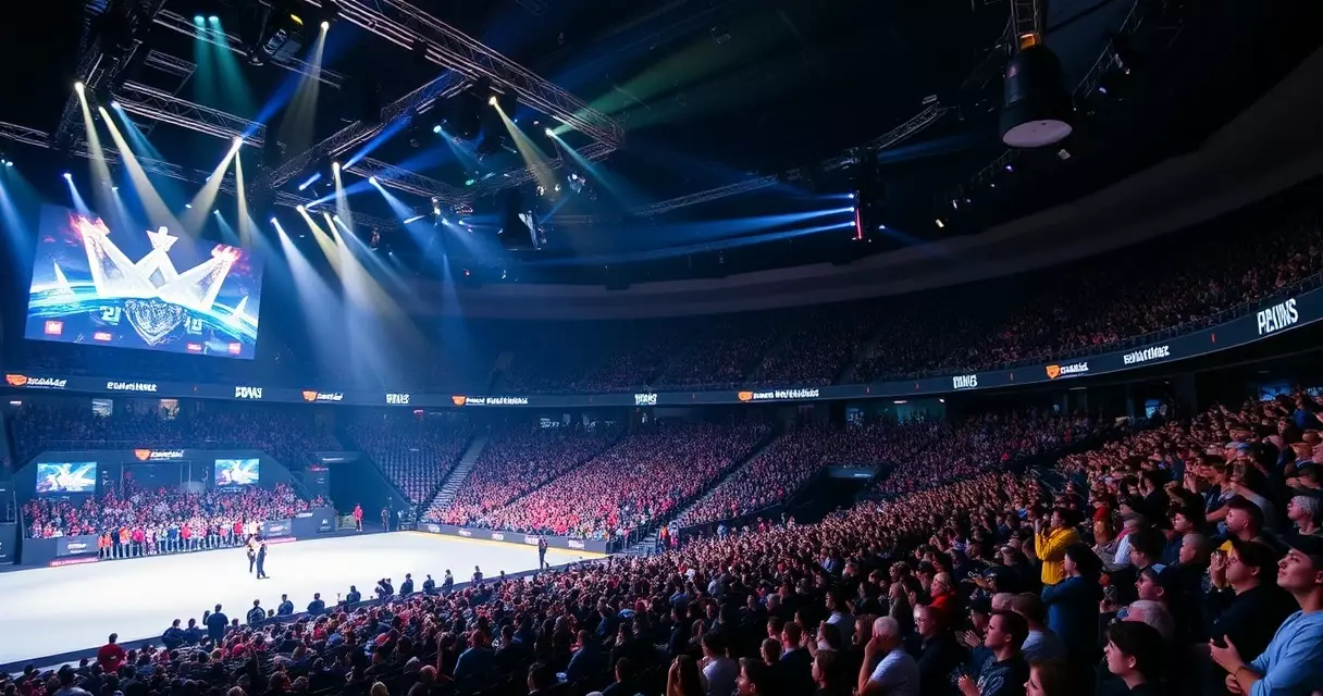 Large esports arena filled with fans watching a live tournament on a main stage