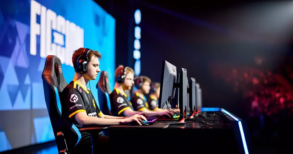 Professional esports players competing on stage at a world championship event