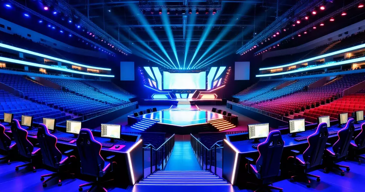 Interior view of HyperX Esports Arena Las Vegas with LED stage lighting and spectator seating
