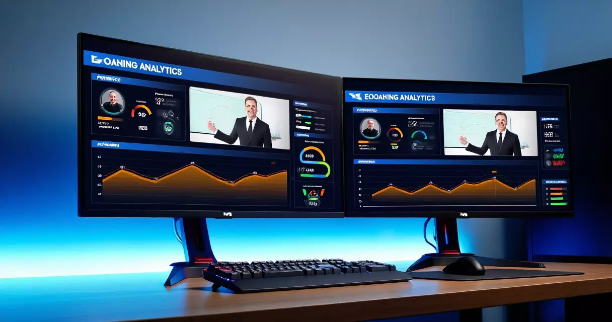 Gaming setup with coaching analytics displayed on dual monitors