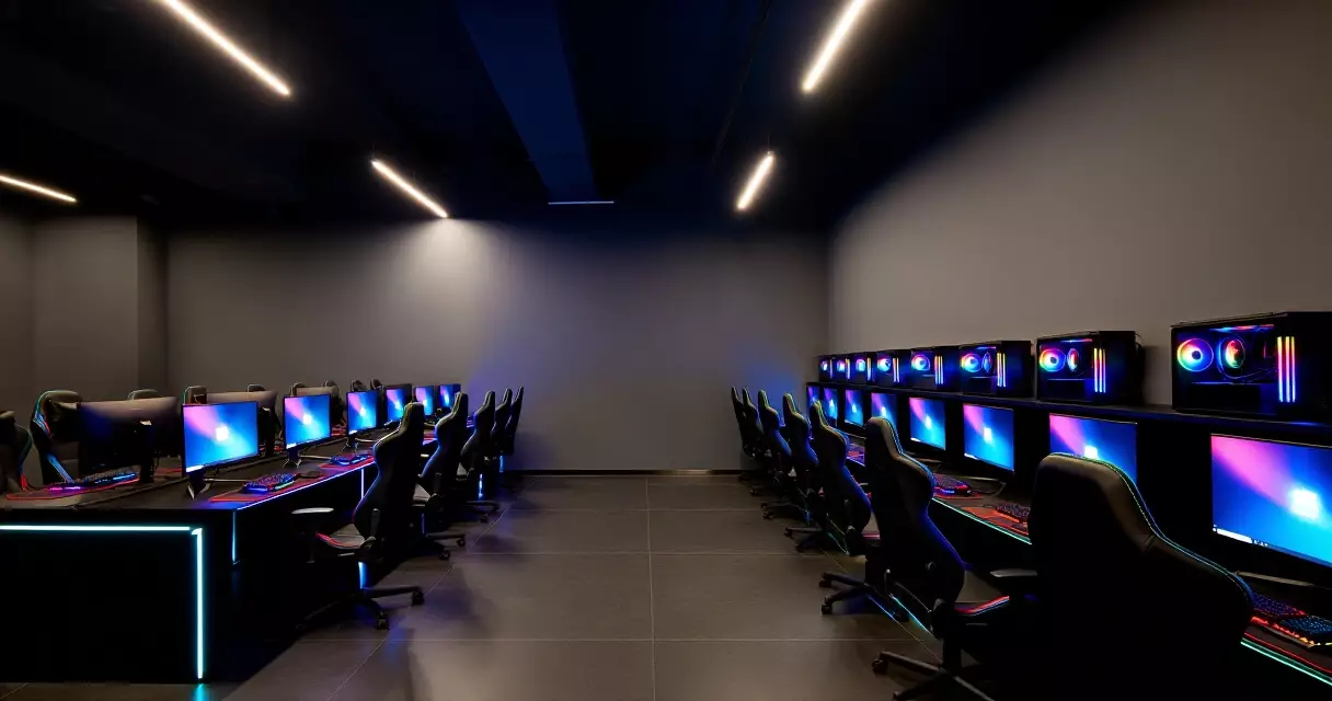 Inside a Belong Gaming Arenas venue showing PC gaming stations with RGB lighting
