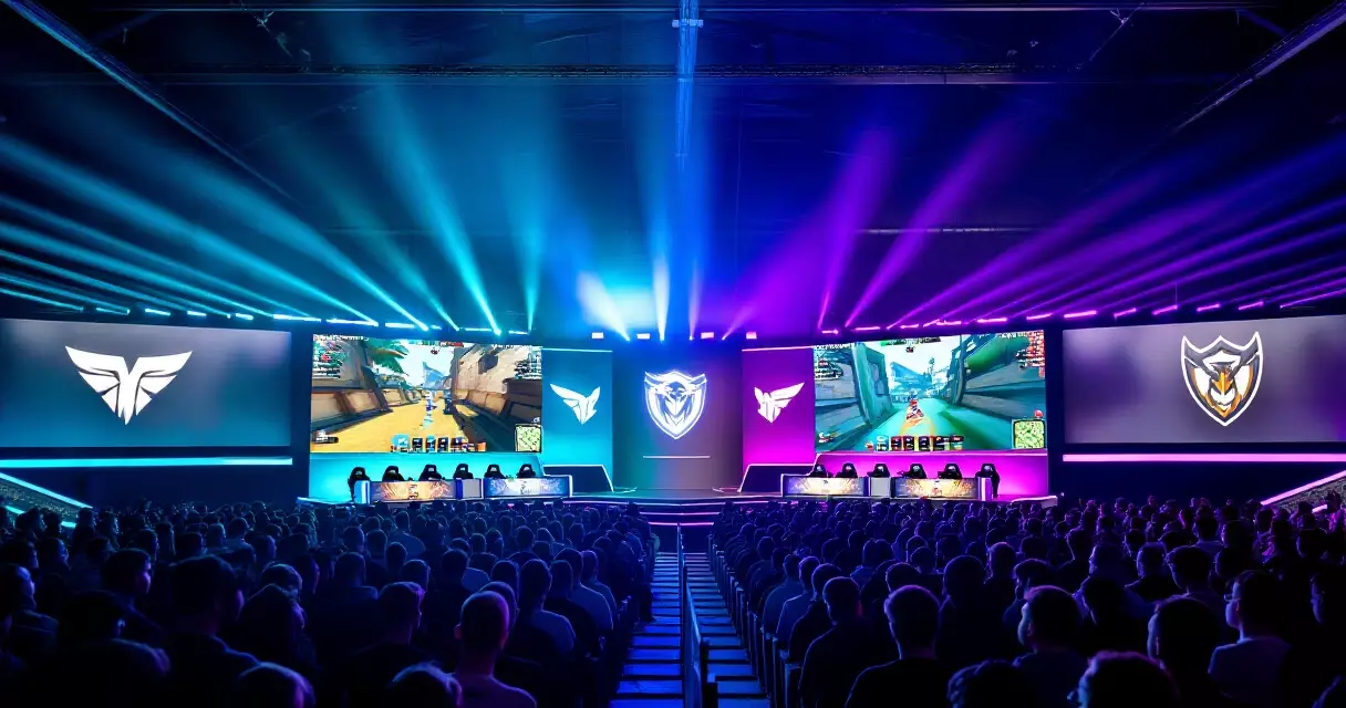 Professional esports tournament arena with competing teams, audience, and broadcast screens