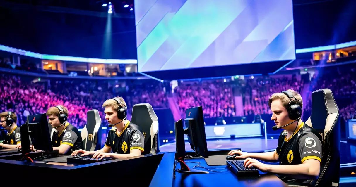 Esports players competing at a major CS2 tournament on stage in Paris