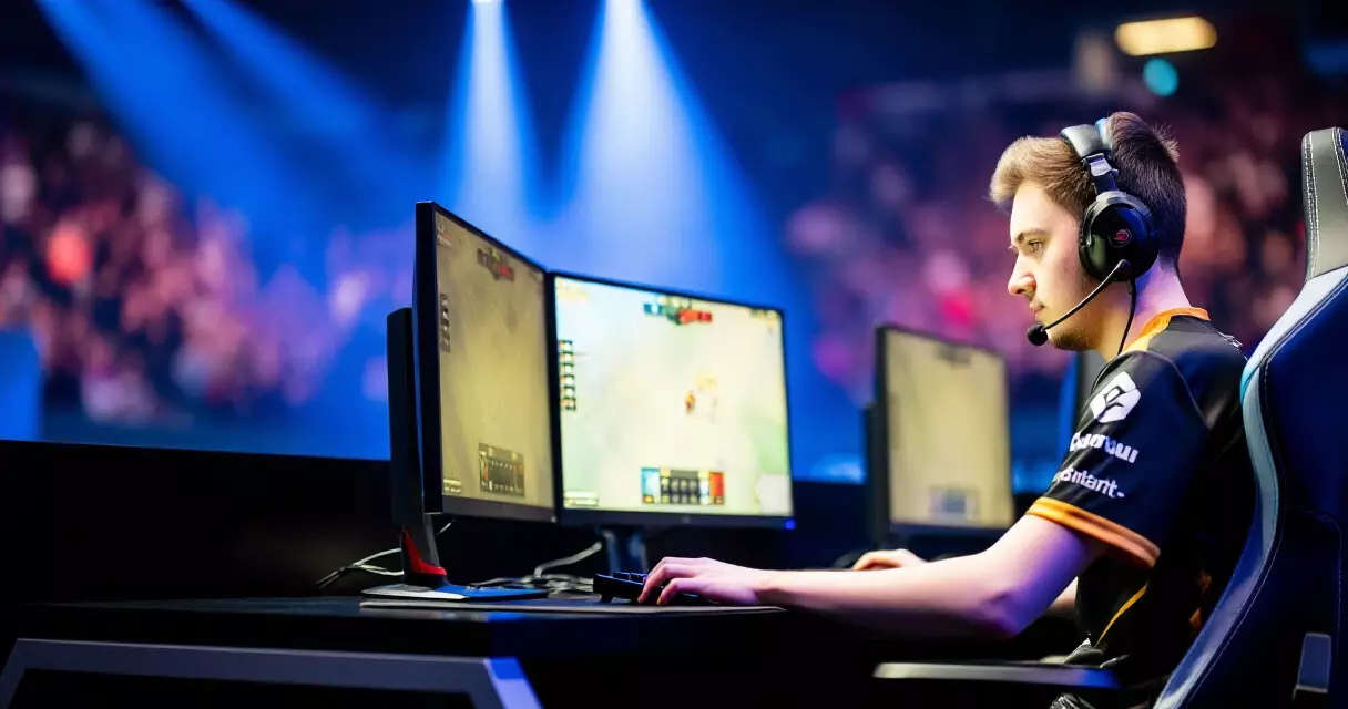 Professional esports player competing in a team jersey at a gaming station