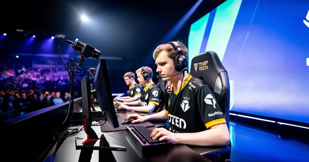 Professional esports player competing on stage at a major tournament in front of a live crowd