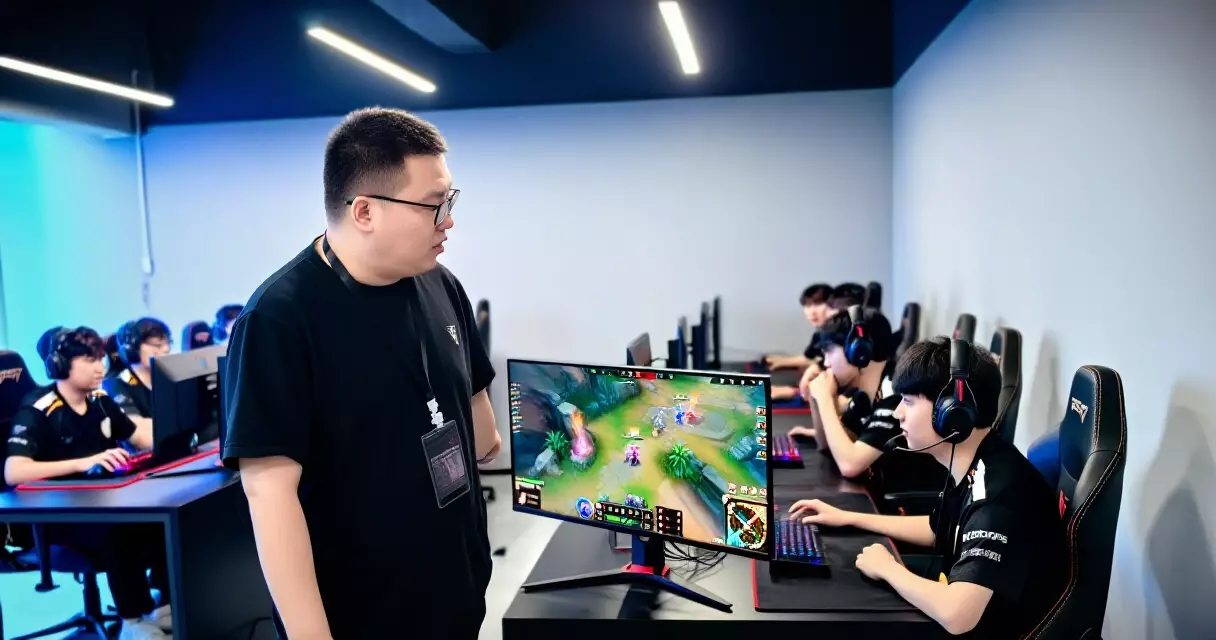Esports coach reviewing gameplay footage with team in training facility
