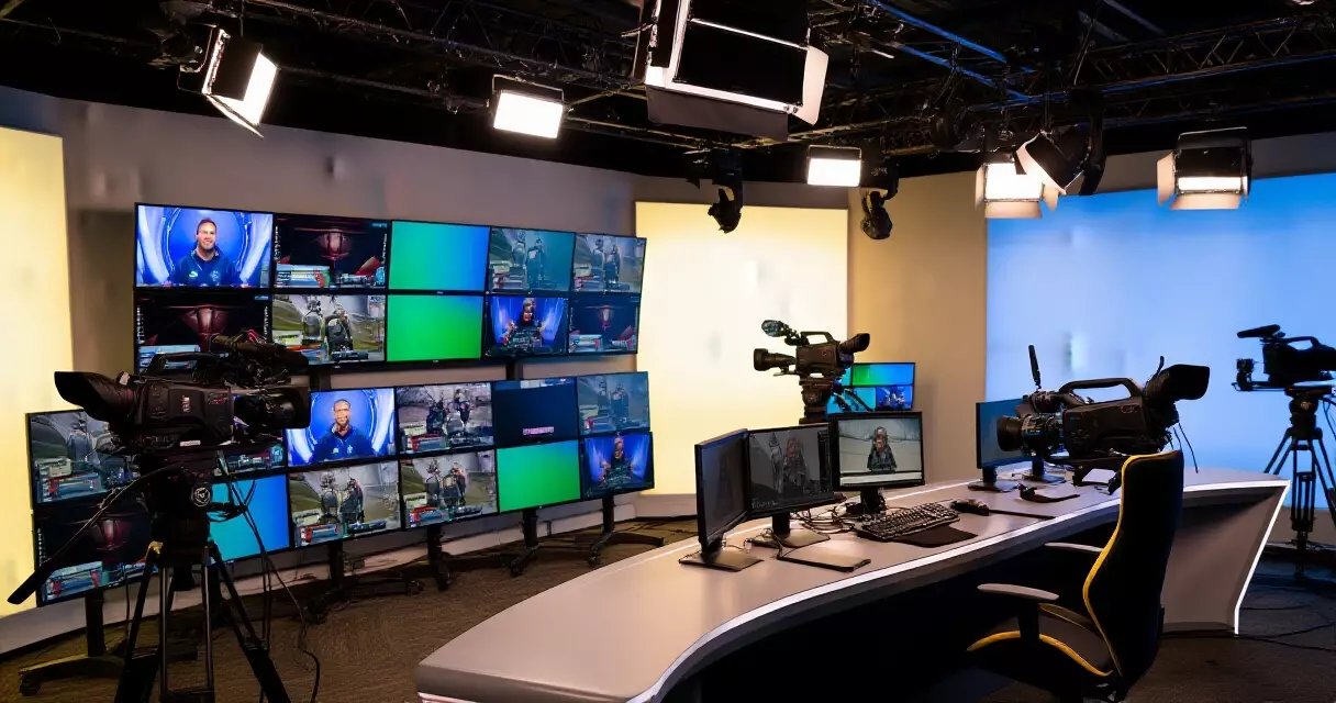 Professional esports broadcast studio with monitors and lighting equipment, 2026