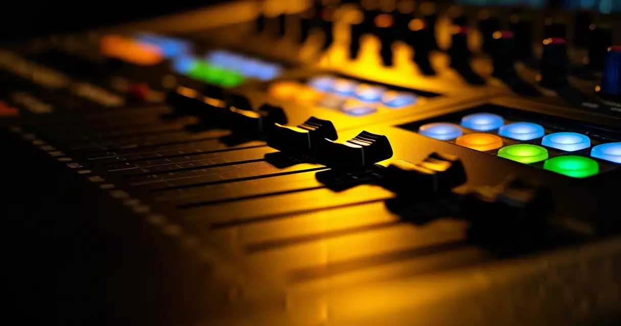 Professional audio mixing console with illuminated faders in a broadcast control room
