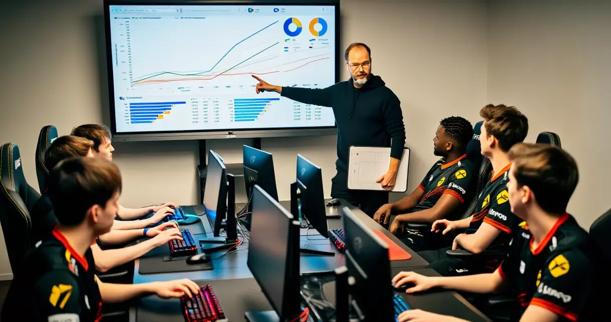 Esports analyst presenting player performance data and metrics on a large screen during a coaching session