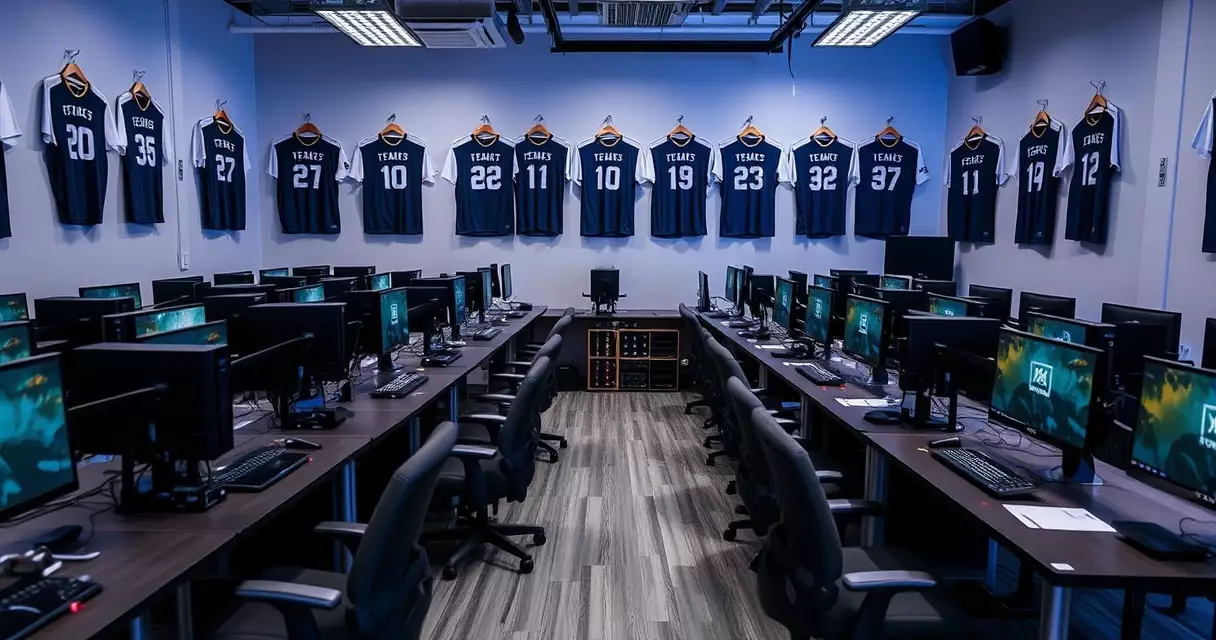 Modern esports team training facility with gaming PCs and team jerseys