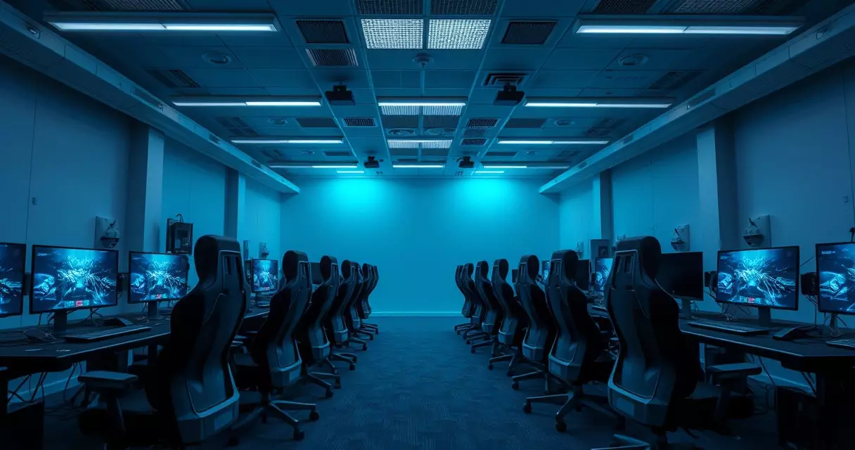 Modern esports training room with rows of gaming PCs and ergonomic chairs