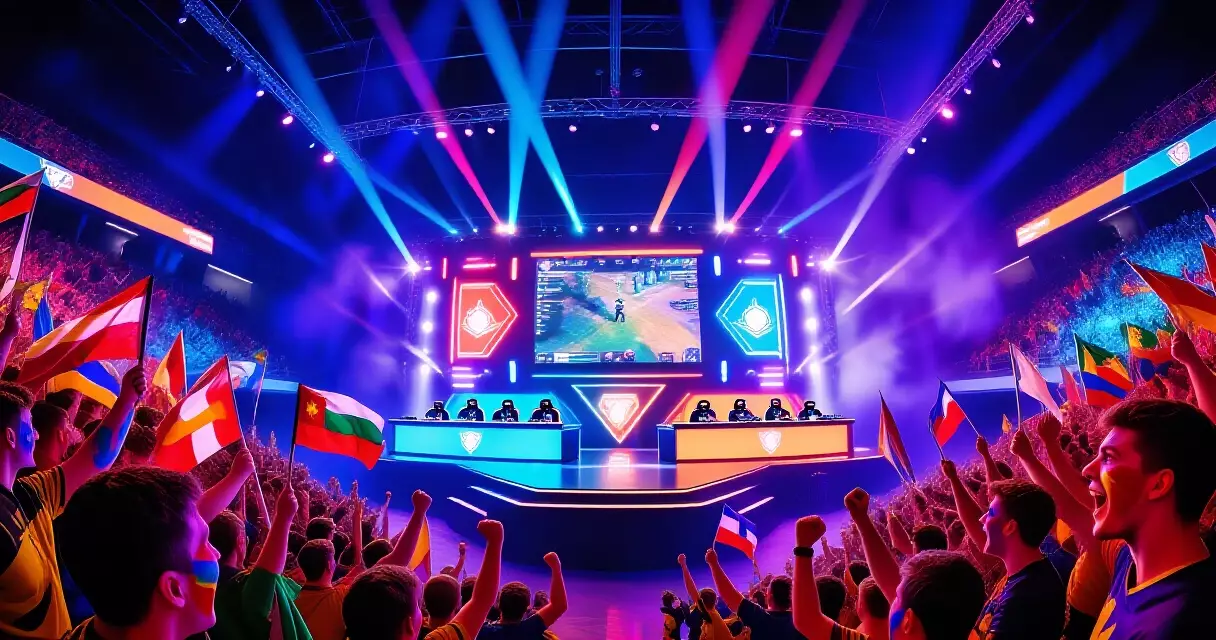Esports arena crowd waving national flags during an international tournament