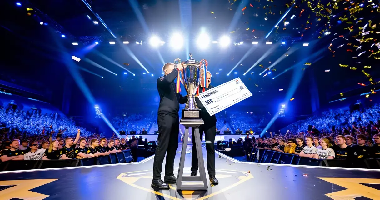Esports championship trophy and prize money ceremony on a major stage