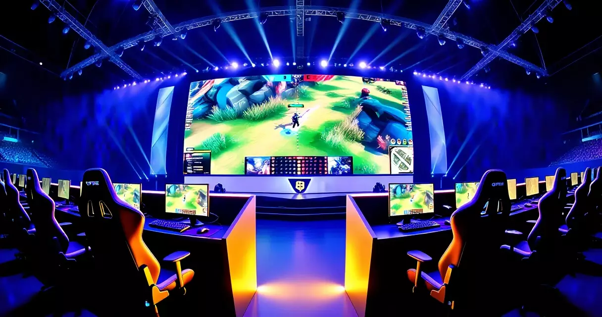 Professional esports arena stage with LED video wall and player booths