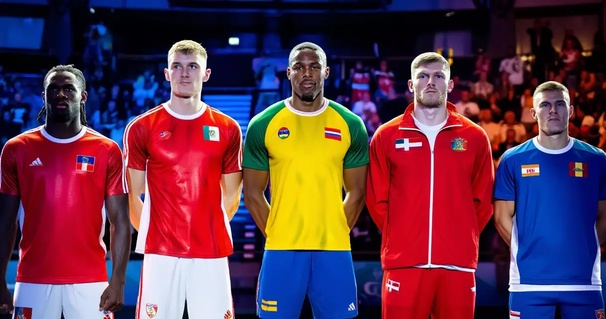 Esports athletes in custom national team jerseys at an arena event