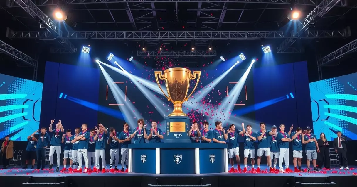 Esports team celebrating CS2 championship win on arena stage with trophy
