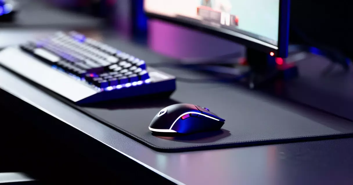 Professional gaming peripherals on a tournament desk under stage lighting