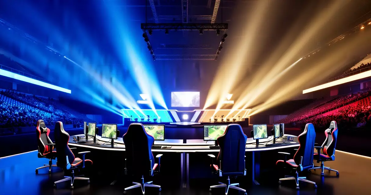 Professional esports arena stage with gaming chairs and monitors under dramatic lighting