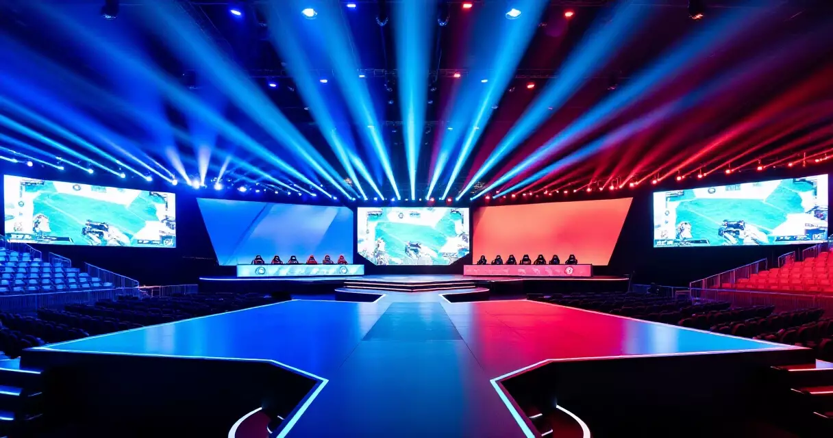 Esports tournament stage lit in blue and red before a competitive event