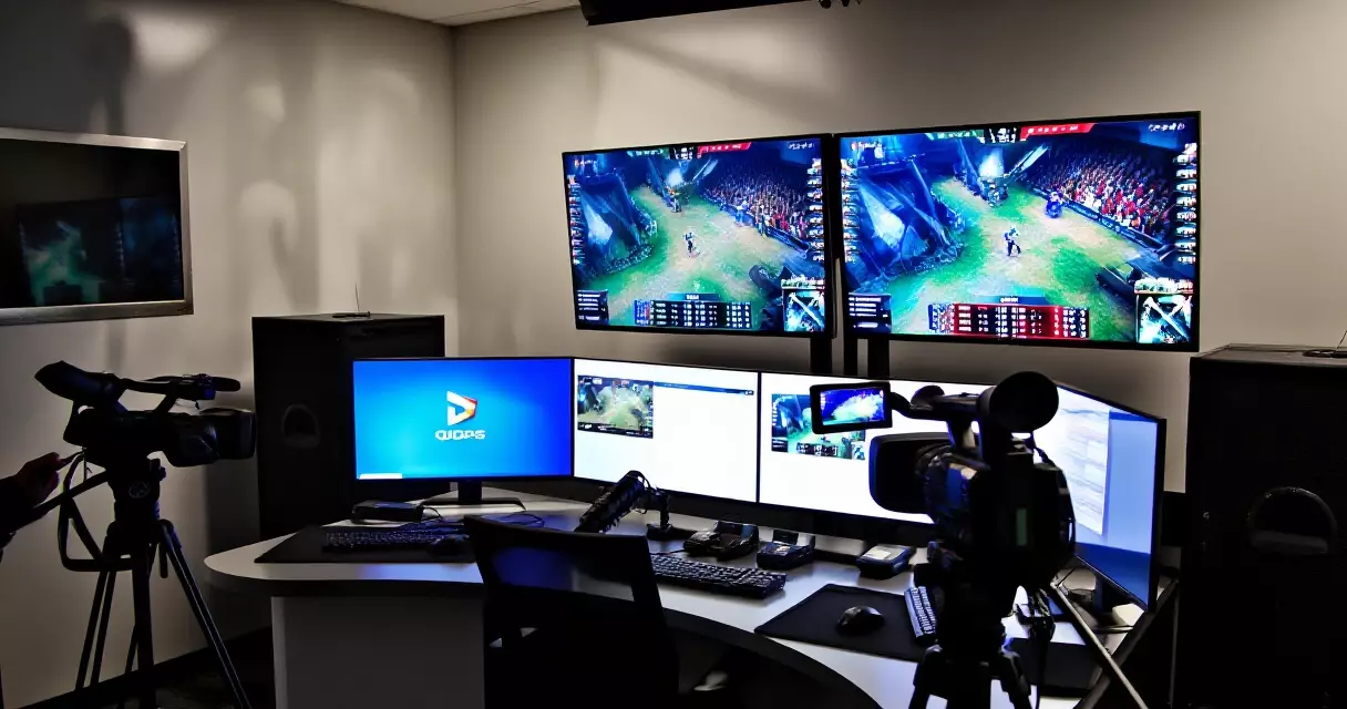 Professional esports broadcast studio setup with commentary desk and monitoring equipment