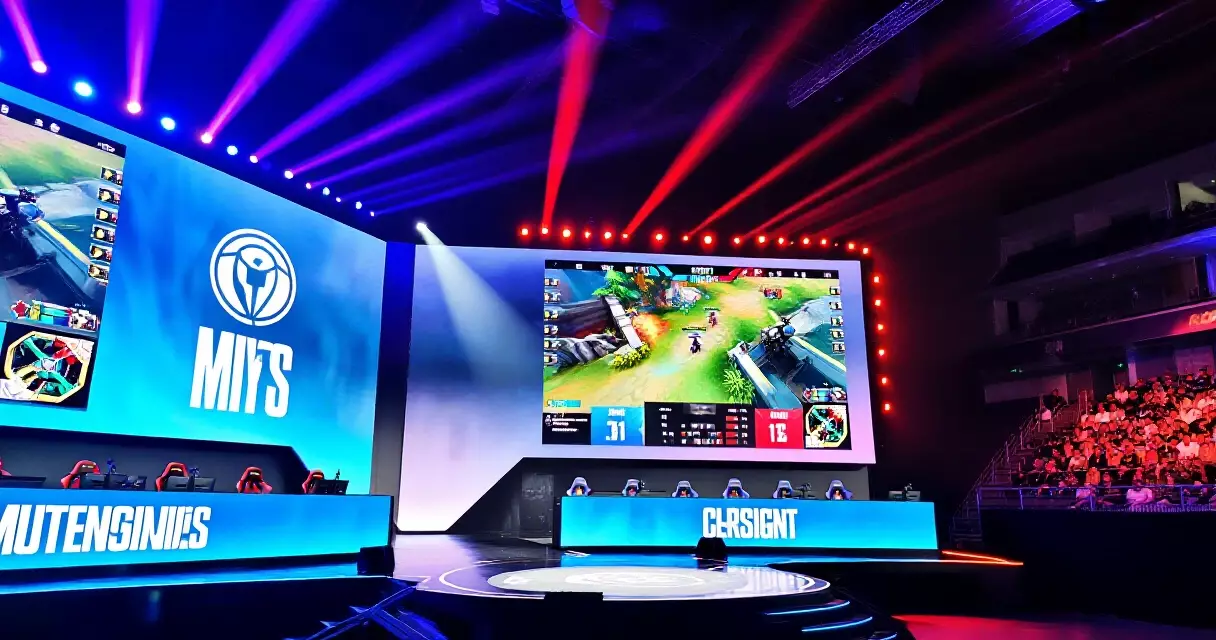 Mobile esports world championship stage with large screens and live audience in a professional arena