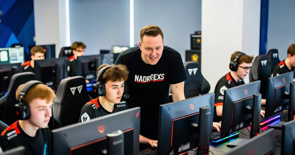 College esports coach guiding student players in a university esports arena with tournament-grade setups