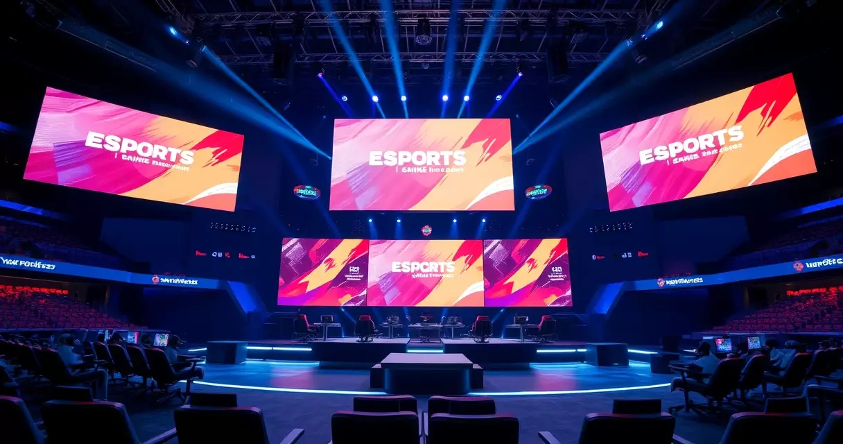 Esports arena stage with branded LED screens above player stations before an event