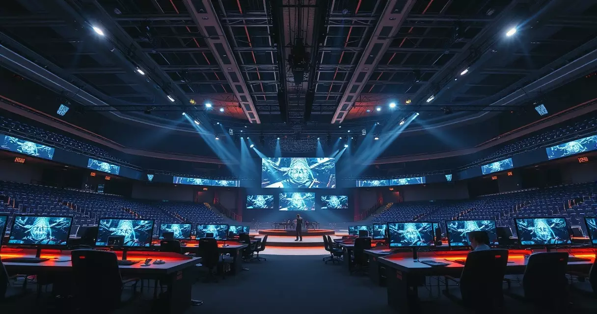Empty esports arena stage with lit player stations before a competitive match