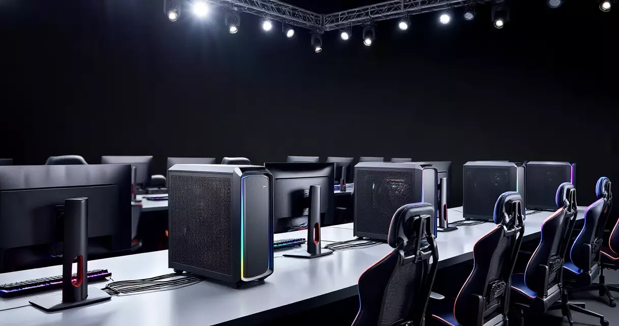 Row of identical tournament gaming PCs on a stage inside an esports arena