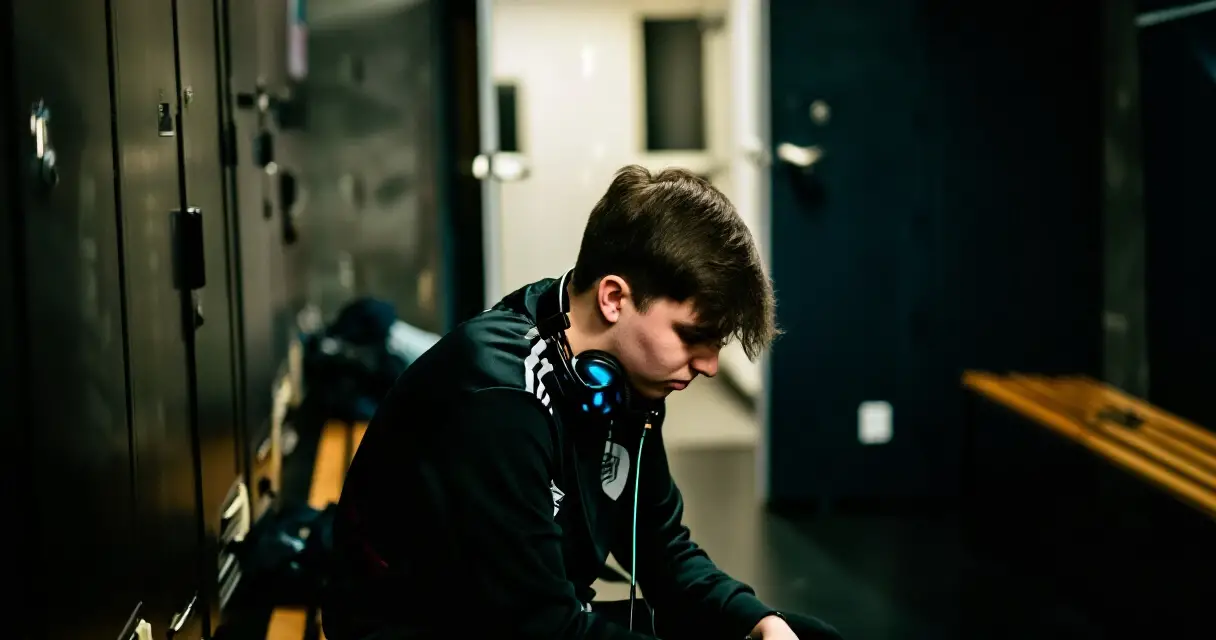 Esports player sitting quietly backstage reflecting after a tournament match