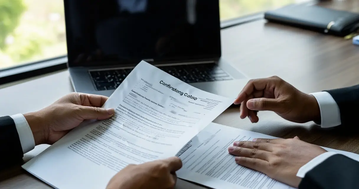 Agent and client reviewing a printed contract during a negotiation meeting