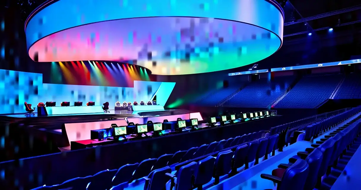 Empty esports tournament stage with gaming PCs and arena seating before a match