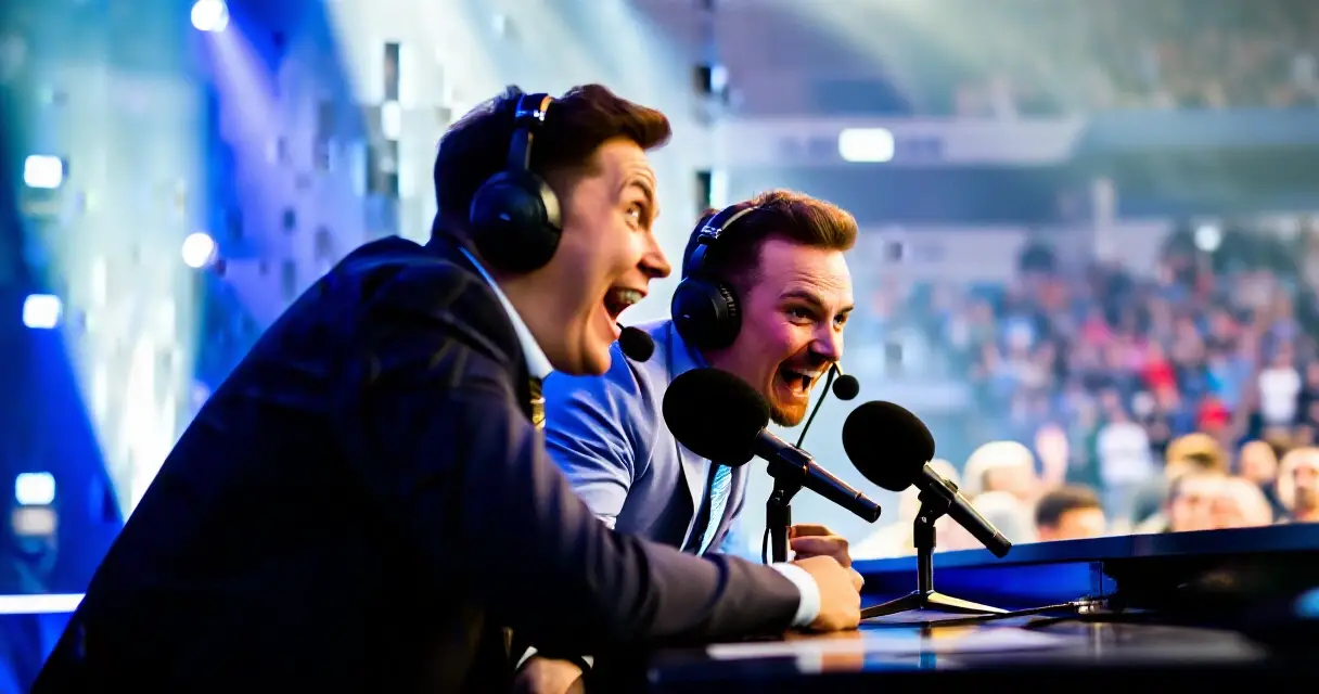 Esports commentators reacting at a tournament broadcast desk